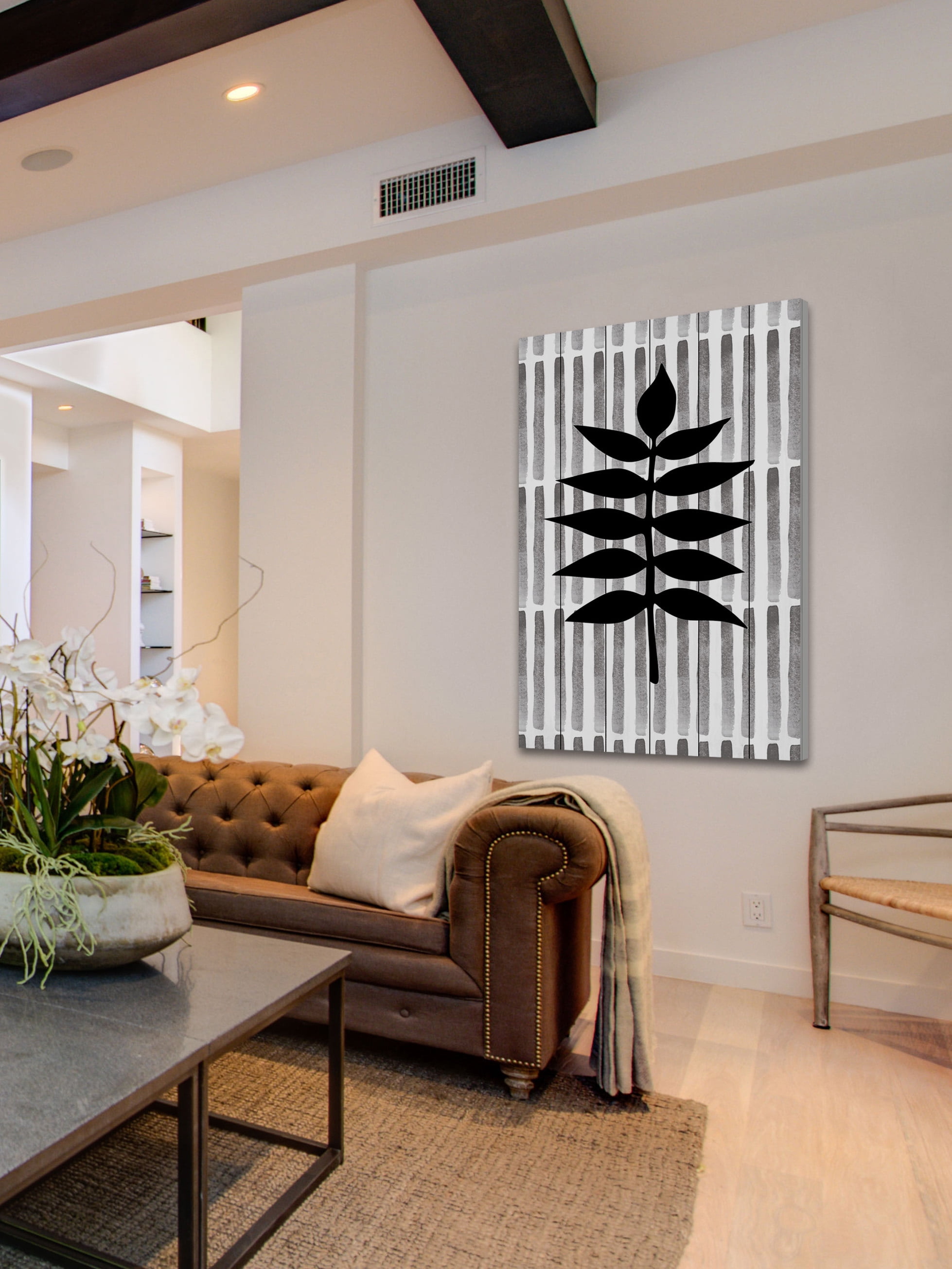 "Black Leaf 3" Painting Print on White Wood