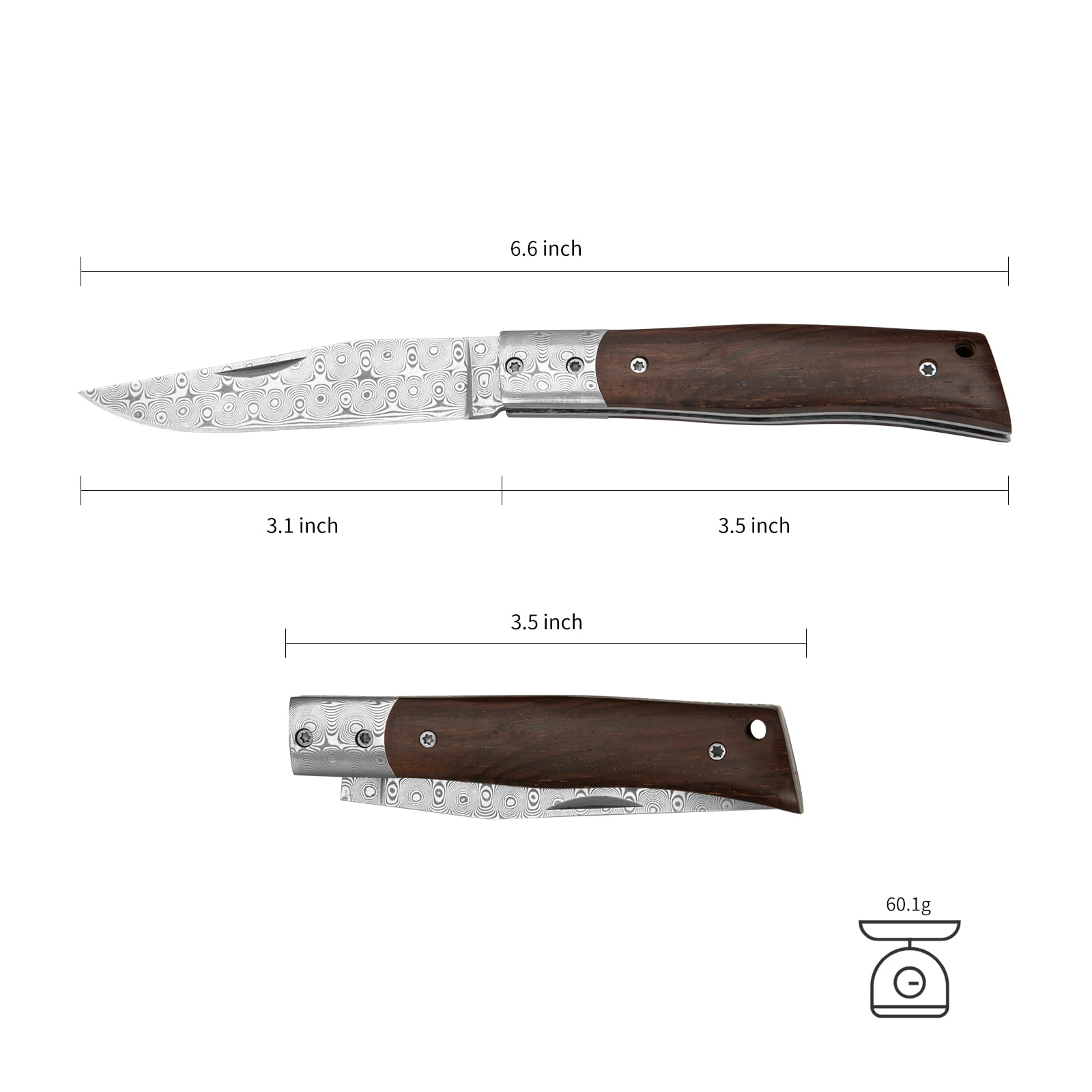 Dispatch 3.1 inch Blade Length Damascus Folding Pocket Knife with Vintage Wood Handle for Hiking, Camping and EDC