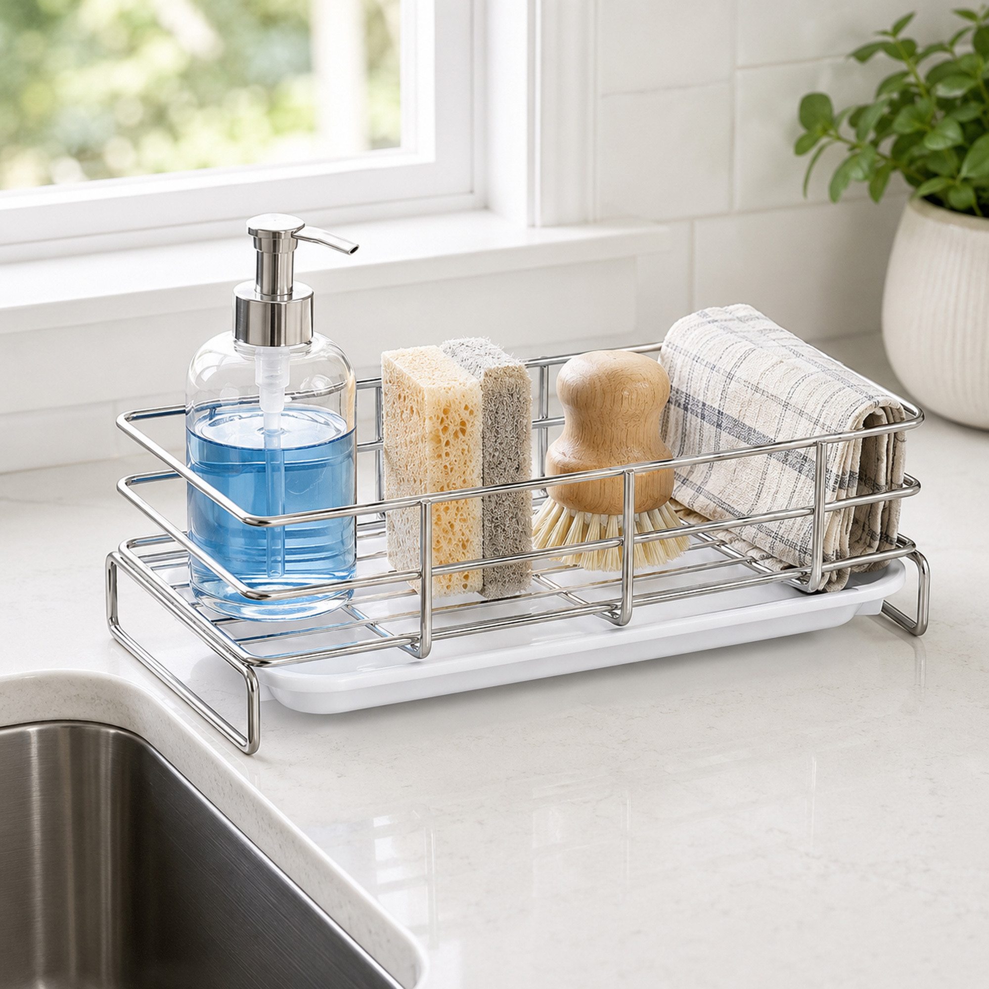Stainless Steel Kitchen Sink Caddy with Removable Drip Tray and Bamboo Brush, Sponge and Soap Countertop Organizer