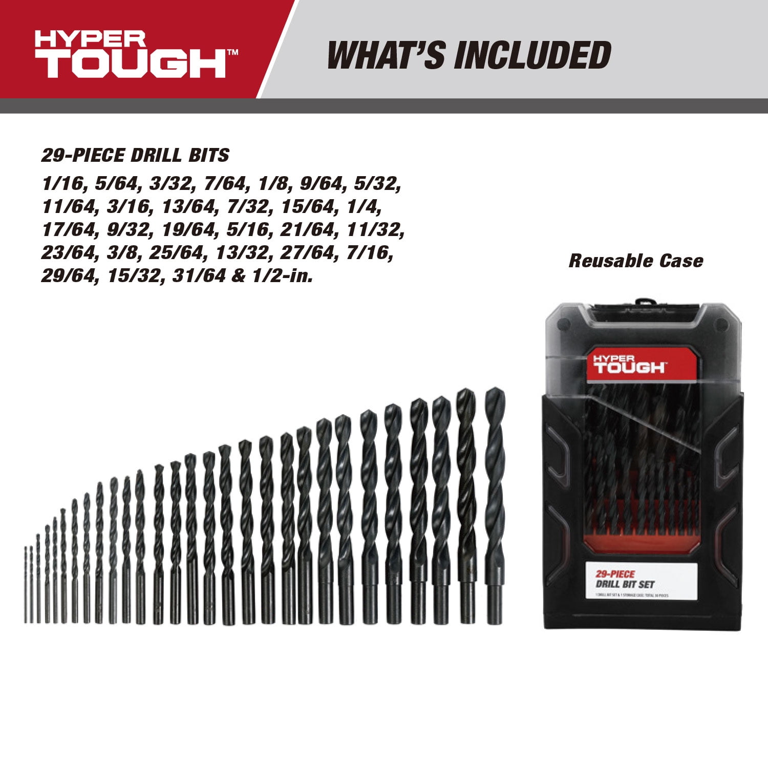 Hyper Tough 29-Piece Drill Bit Set with Case, Black Oxide