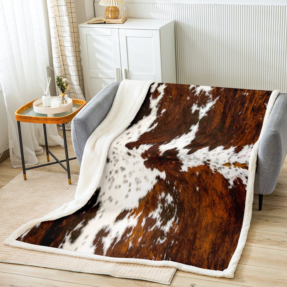 Milk Cow Print Throw Blanket for Bed Chair,Black Brown Cowhide Fleece Blanket 50"x60",Farmhouse Rustic Animal Skin Western Blanket,Bull Cattle Wildlife Sherpa Blanket Bohemian Exotic Decor