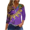 thumbnail image 2 of Ounisa Womens Funny Mardi Gras 3/4 Sleeve Sequins Mask Printed Shirts Tunics 2025 Trendy Holiday T-Shirts Carnival Tops, 2 of 5