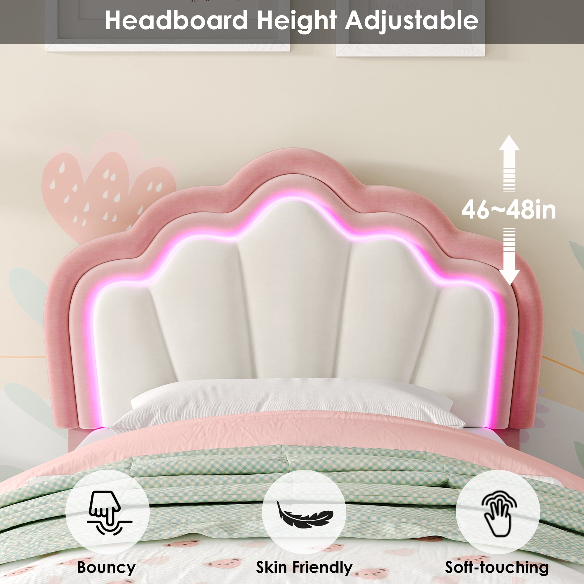 Homfa Twin Size LED Bed Frame with Drawer, Velvet Upholstered Platform Bed Frame with Adjustable Petal Headboard, Pink