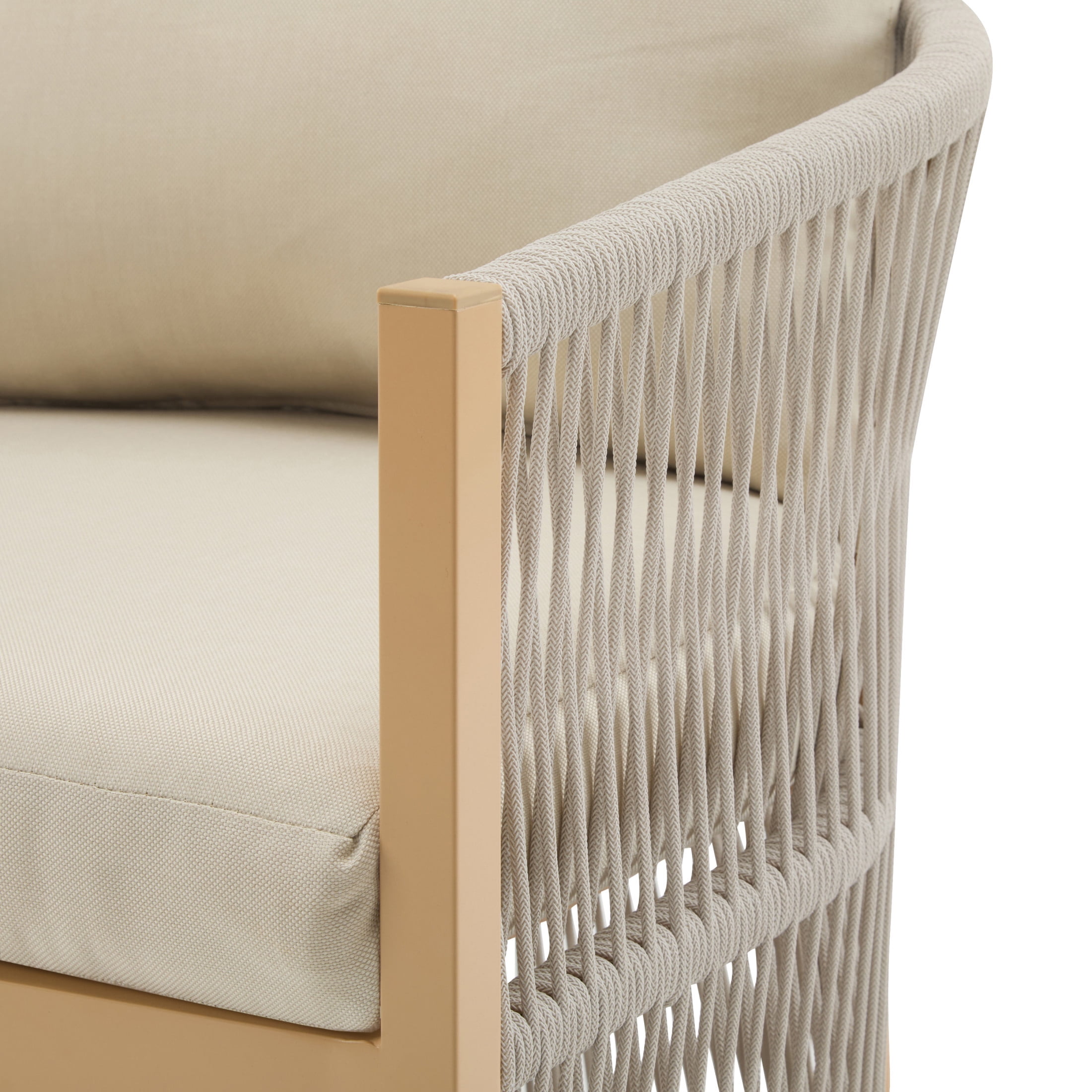 Knox Modern Outdoor Patio Rope-Weave Lounge Chair, Club Chair with Curved Frame, Aluminum Base, and Cushions, Beige