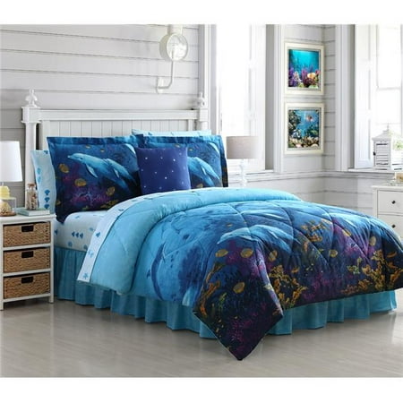 First Bed - Ellison First Asia 20661802BB-MUL Dolphin Cove Bed in a Bag Comforter Set, Blue - Full Size, 8 Piece