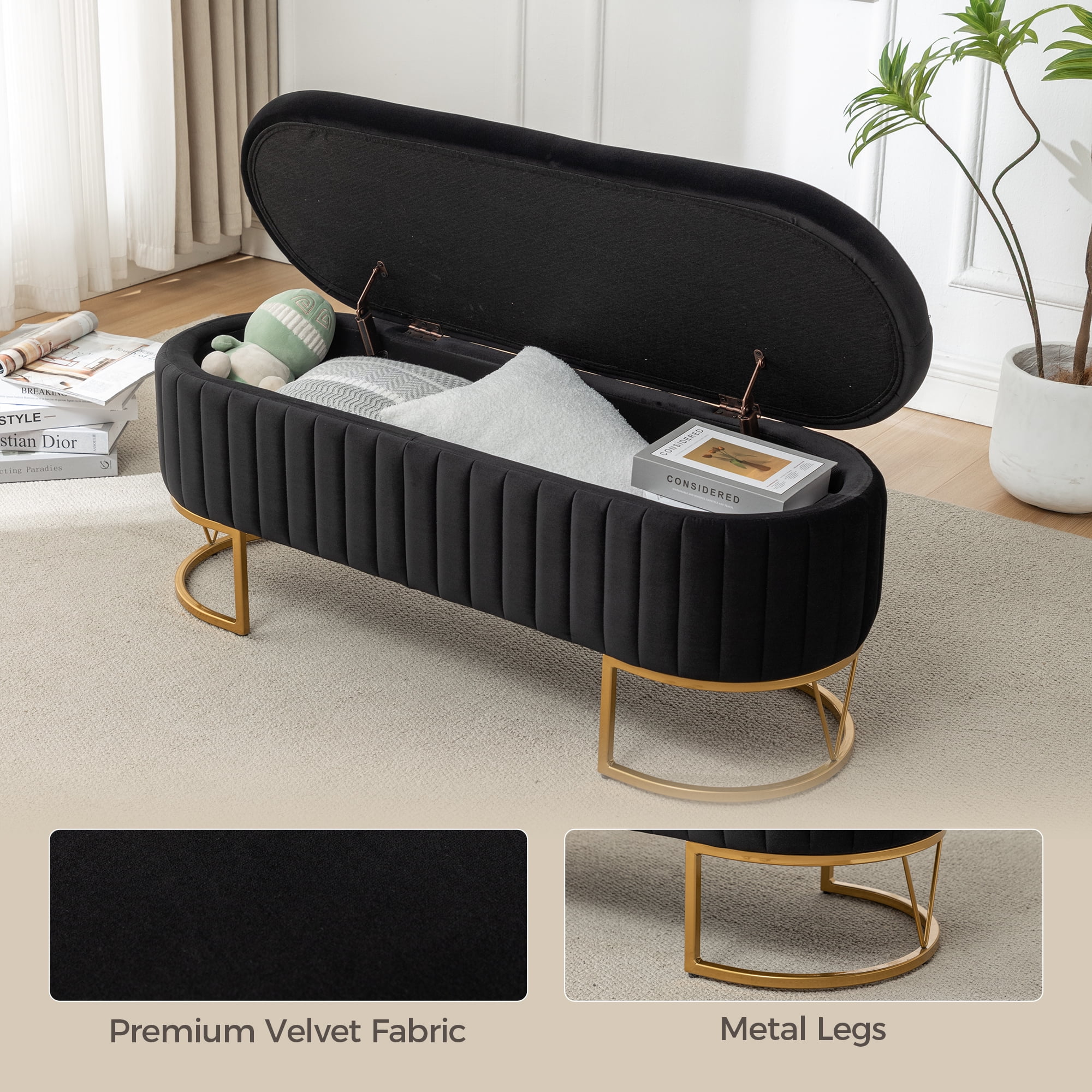 Storage Bench Bedroom Bench, Velvet Oval Upholstered End of Bed Bench with Golden Metal Legs, Modern Storage Ottoman Bench for Bedroom, Living Room, Entryway,Window,Black