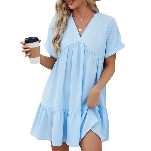 Staron Robe Bleue Ciel pour Femmes Robe à Col en V Profond Robes d'Été Manches Courtes Unie Smockée Fluide Ligne A à Étages Robe d'Été