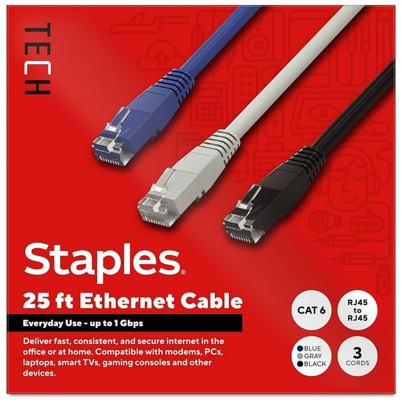 Staples TECH 25 ft. Cat-6 Ethernet Cable Male to Male Assorted Colors 3/Pack (ST62460)