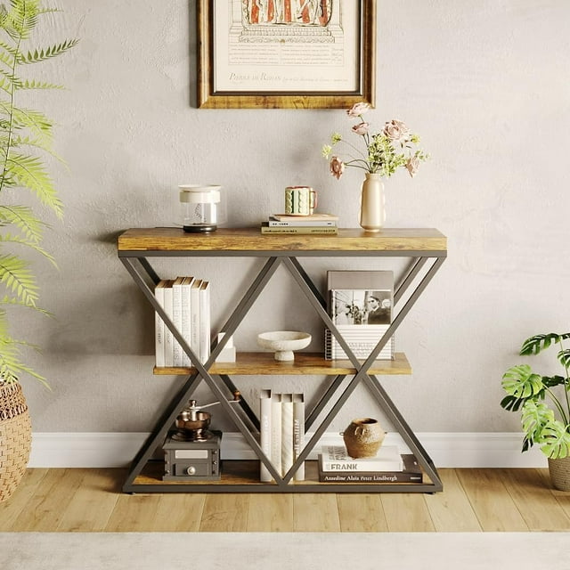 3-Tier Industrial Entryway Console Table - X-Shaped Metal Frame & Open Storage Shelves, Ideal Hallway Accent Table