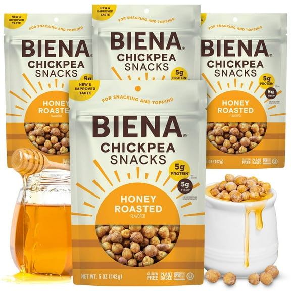 BIENA Chickpea Snacks - Crunchy MDA05 Roasted Chickpeas - High Fiber Protein Snacks for Adults and Kids - 4-Pack, 5 Ounce Bags - Honey Roasted