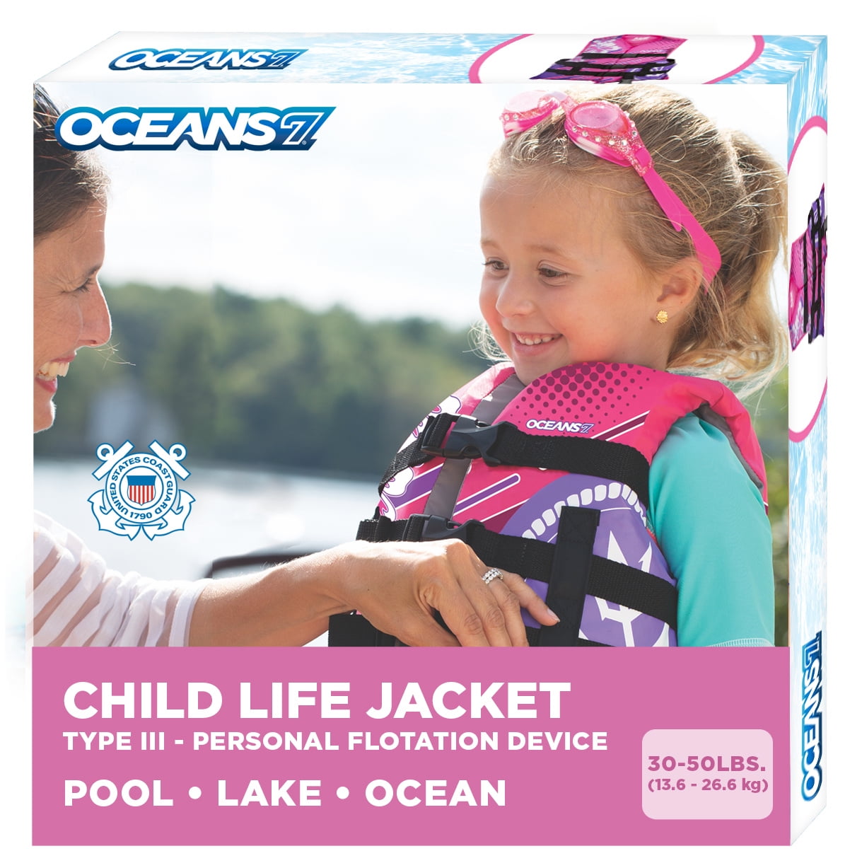 Oceans7 Child Open Side Life Vest, Durable, Easy Fit, 30-50 lbs, Pink/Purple