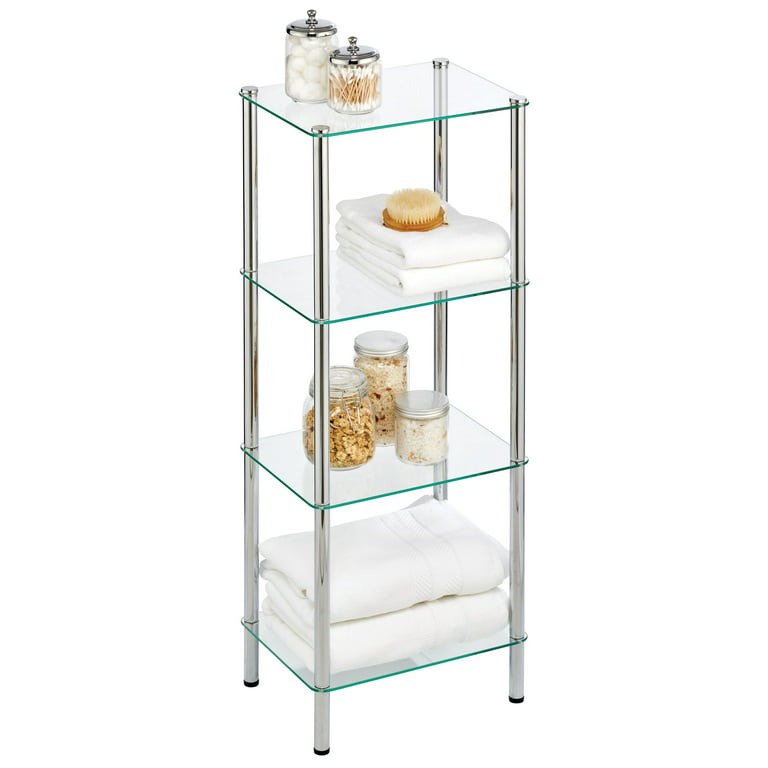 mDesign 4-Tier Glass/Metal Standing Shelf Organizer Display Unit, Chrome/ Clear