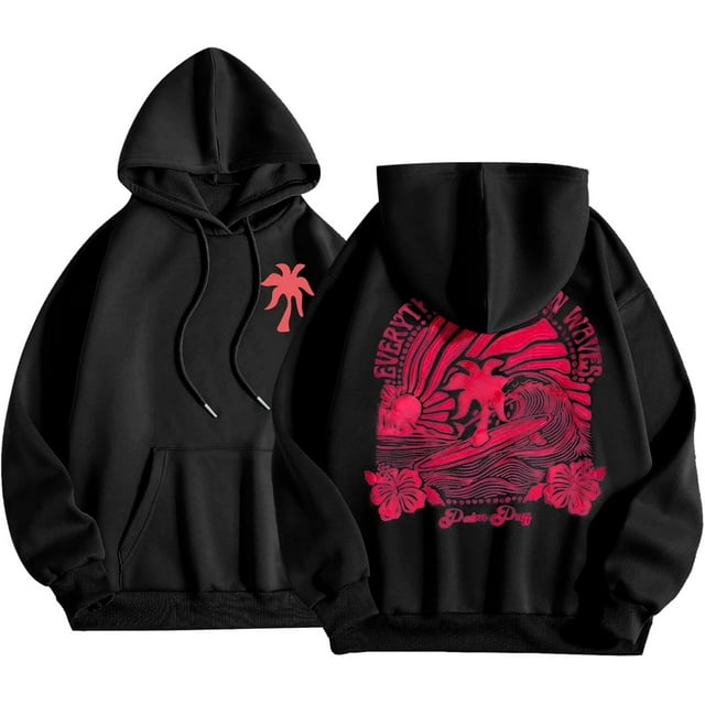 Pink Graphic Hoodie For Women 2024 Cute Preppy Sweatshirt Long Sleeve Drawstring Pullover Tops With Pockets