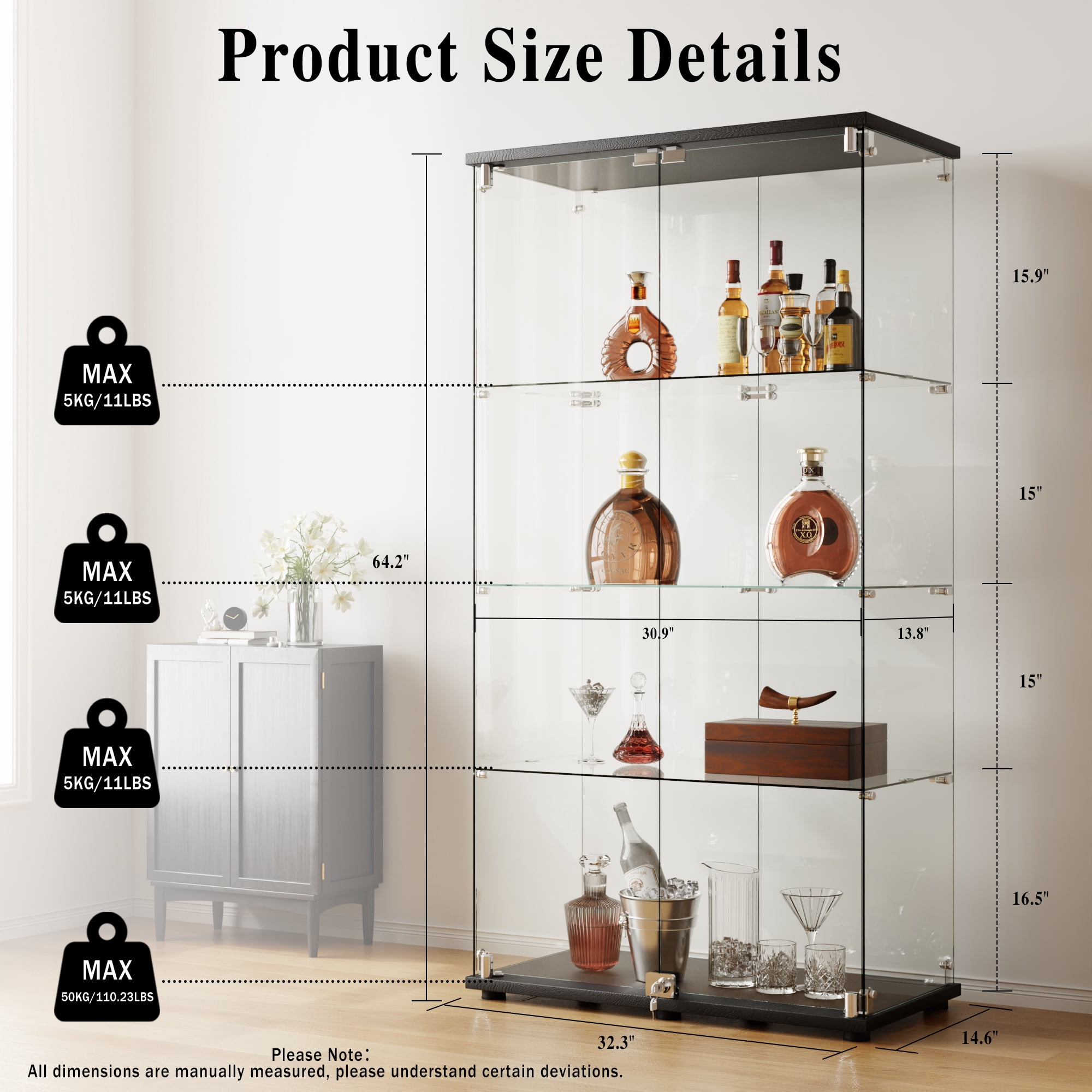 BEAUTYPEAK 64" Display Cabinet with Glass Doors, 4-Tier Double-Door Curio and Collection Showcase, Black