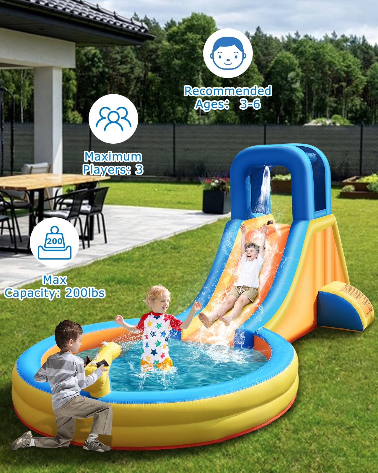 COCOFISH 5-in-1 Kids Water Slide Bounce House for Indoor/Outdoor, with Slide, Climbing Wall, Splash Pool, Water Cannon & Blower