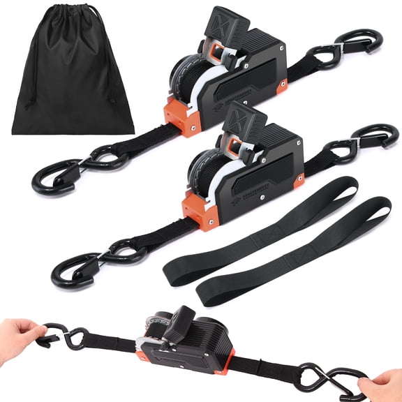 Dual-End Retractable Ratchet Straps, Black Nylon, 1 Inches x 16 Feet, 1500lb Capacity, Steel S-Hook with Clip for Motorcycles, Kayaks, Boats, ATVs