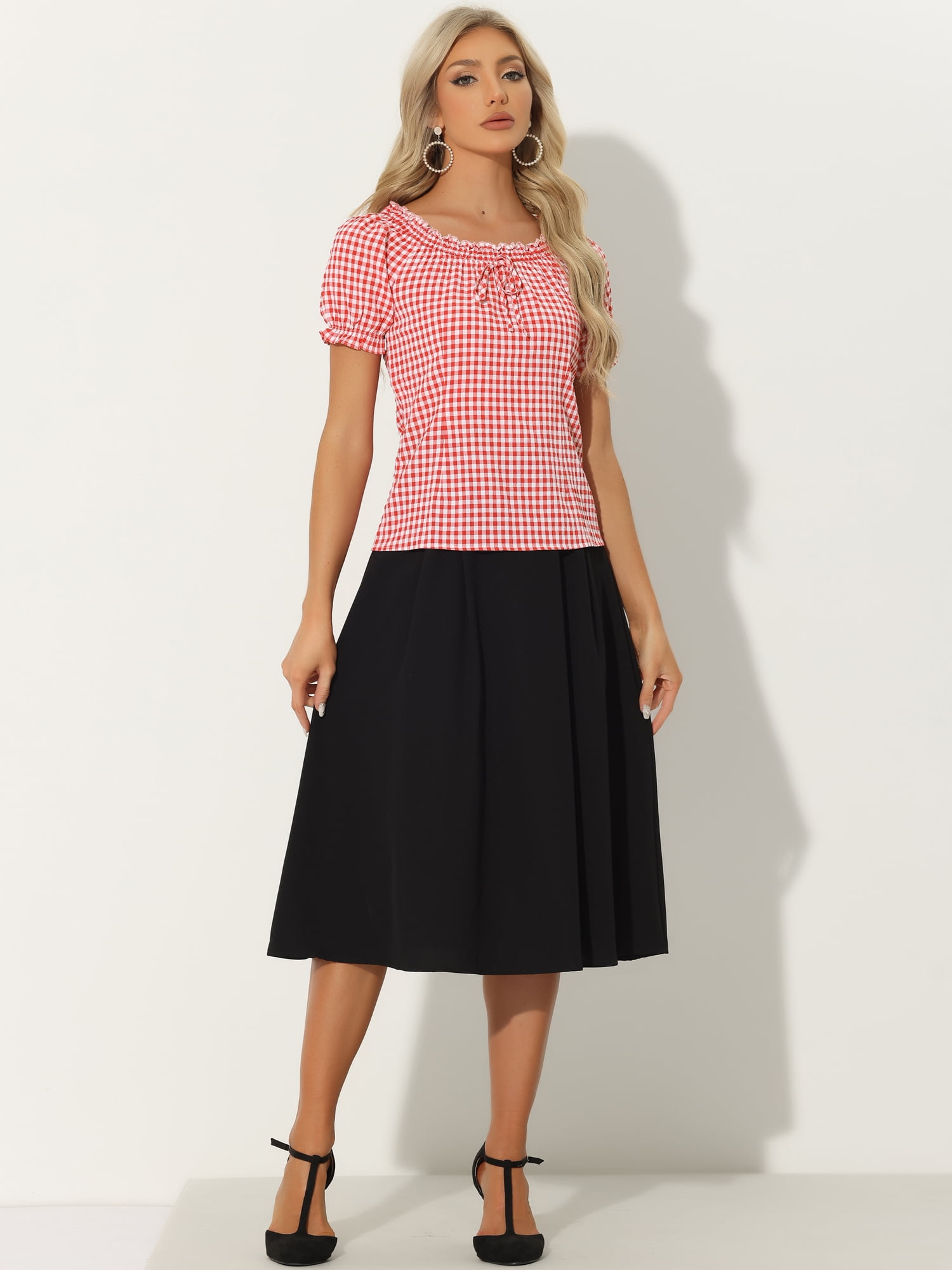 DARING DIVA Woman's Peasant Ruffles Puff Sleeve Gingham Plaid Top M Red