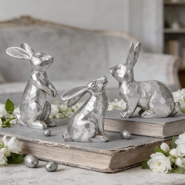 Hogar y cocina, Decoración del hogar, Adornos, Decoración de conejos de resina Estatua de conejo de Pascua 3 piezas Decoración de escritorio de primavera Figura de conejo de resina