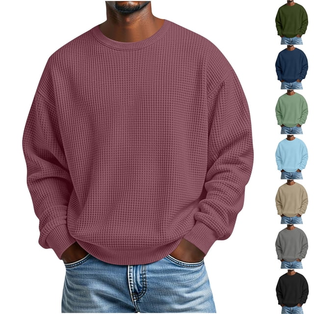 RKSTN Long Sleeve Shirts for Men Oversized Crewneck Slim Fits Pullover Waffle Weave Shirts Top Mens Casual Solid Round Neck Regular Fits Loose Comfy Everyday Versatile Tee Shirt Fall Spring Clothes