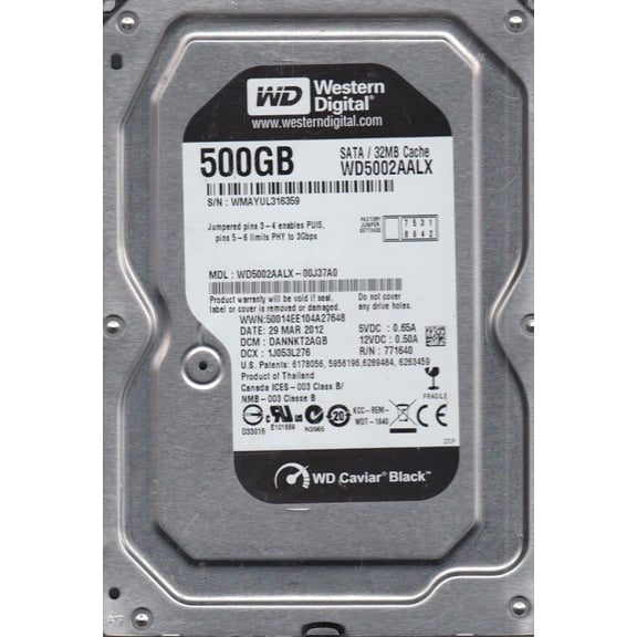 WD5002AALX-00J37A0, DCM DANNKT2AGB, Western Digital 500GB SATA 3.5 Hard Drive