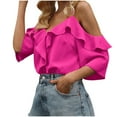 thumbnail image 2 of Qulqfy Women Strappy Blouses V Neck Off the Shoulder Ruffle Blouses Fall Pure Women's Pink Shirts L, 2 of 3