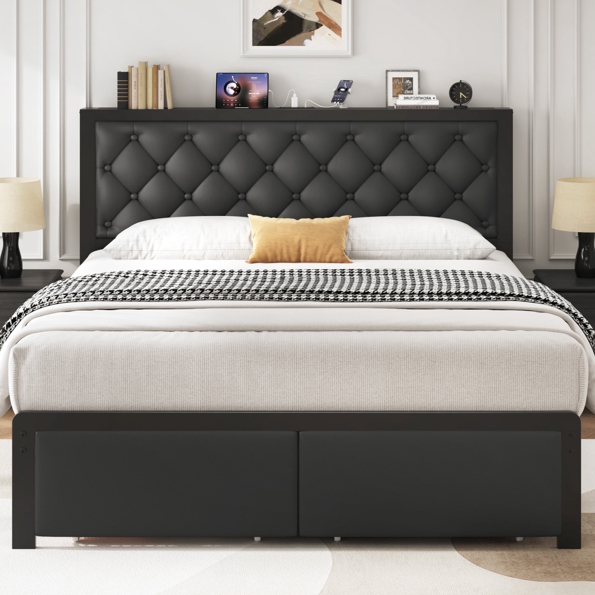 Fluest Bed Frame with Leather Upholstered Headboard, Lockable Storage, Queen Size, Black
