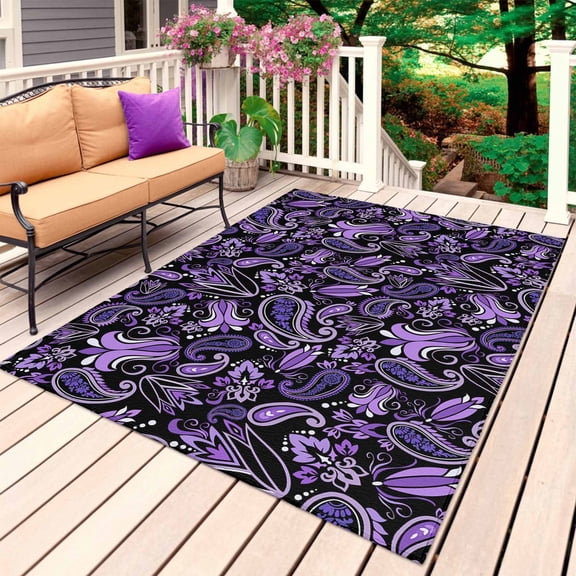 Boho Purple Floral Outdoor Rug 4x6 Ft, Non Slip Washable Area Rug, Farmhouse Botanical Vintage Paisley Flower Patio Rugs Carpet Runner, Large Floor Mat for Indoor/Outdoor Deck Porch Camping