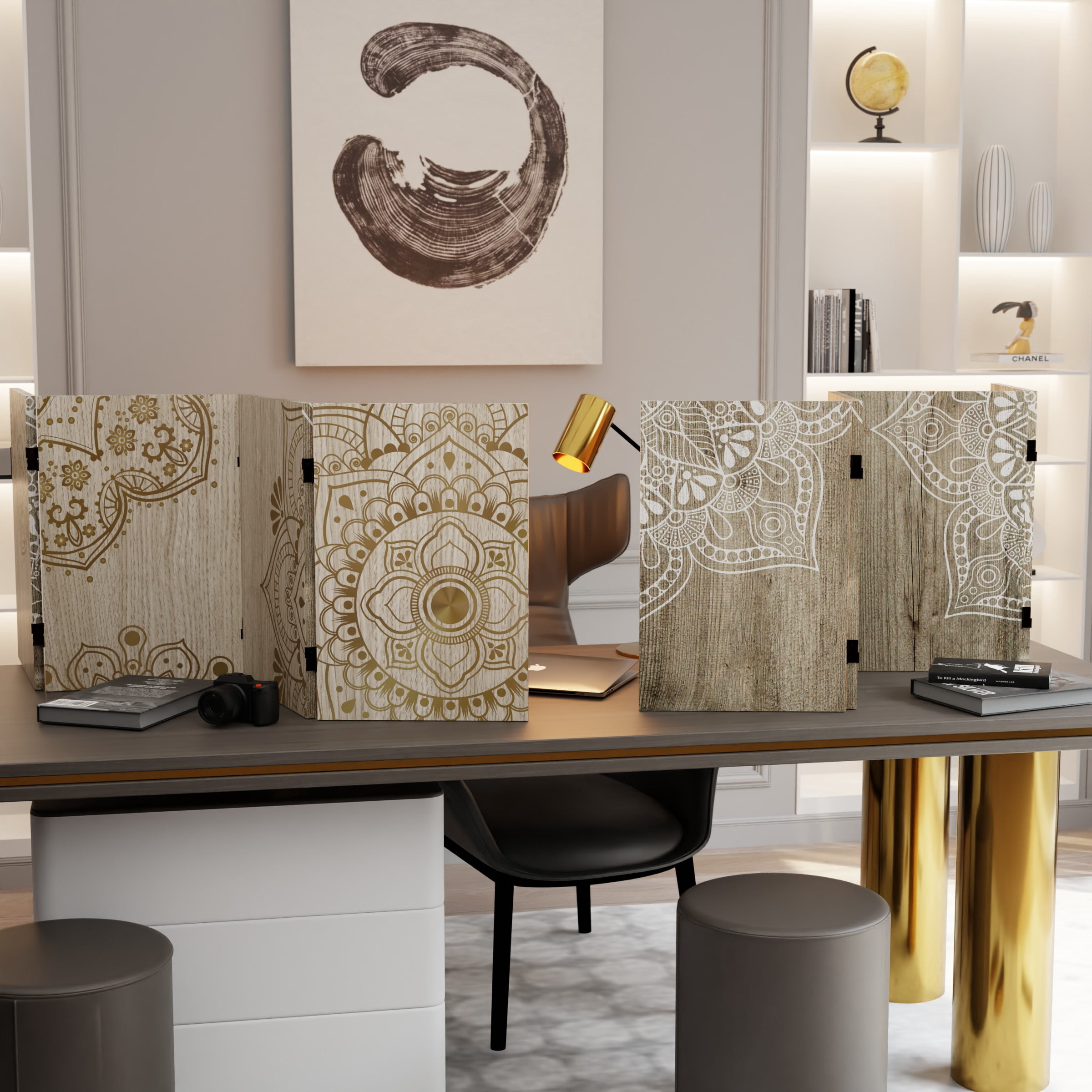 2 ft. Short Double Sided Mandala on Oak Canvas Folding Screen