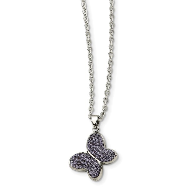 Stainless Steel Purple Crystals Butterfly Pendant 22 Inch Cable Chain Necklace Charm Insect Arachnid