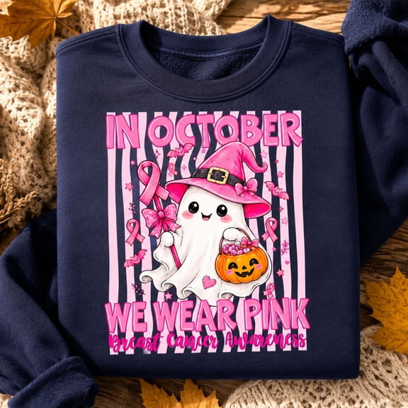 Halloween Shirt, In October We Wear Pink Sweatshirt, Breast Cancer Awareness Ghost Hoodie, Pink Ribbon Witch T-Shirt, Support Gift for Women