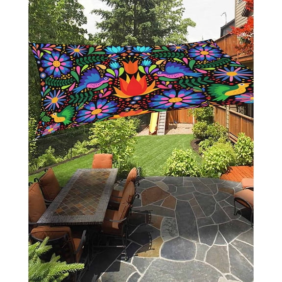 Mexican Flower Sun Sail Shades Rectangle Canopy,Sunlight Block Heavy Duty Curved Backyard Shade Cover,Abstract Colorful Floral Leaf Plant Waterproof Sun Shades for Patios Garden Pergola 14'x18'