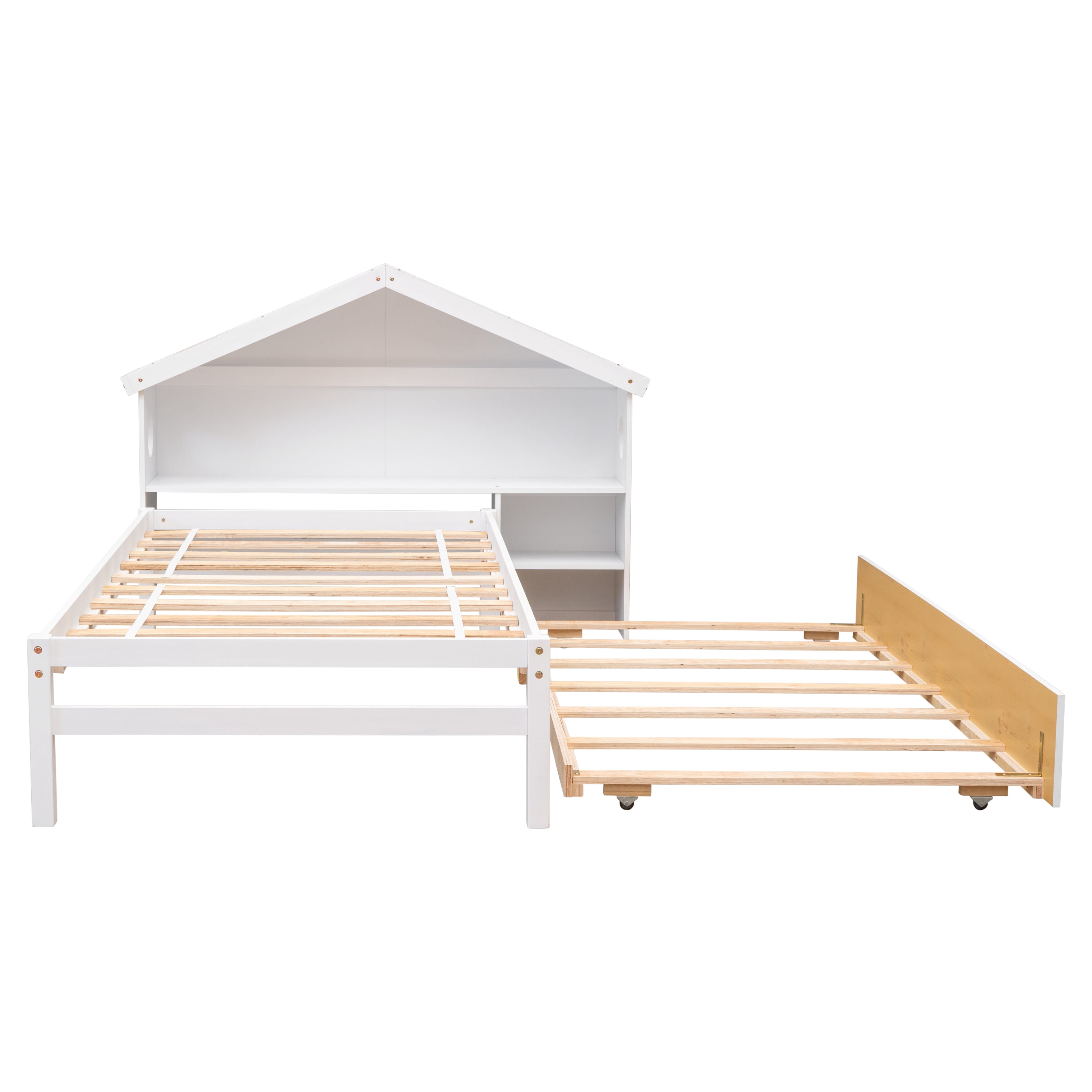 Euroco Wood Twin Size Platform Bed with Trundle and House Shelf for Kids, White