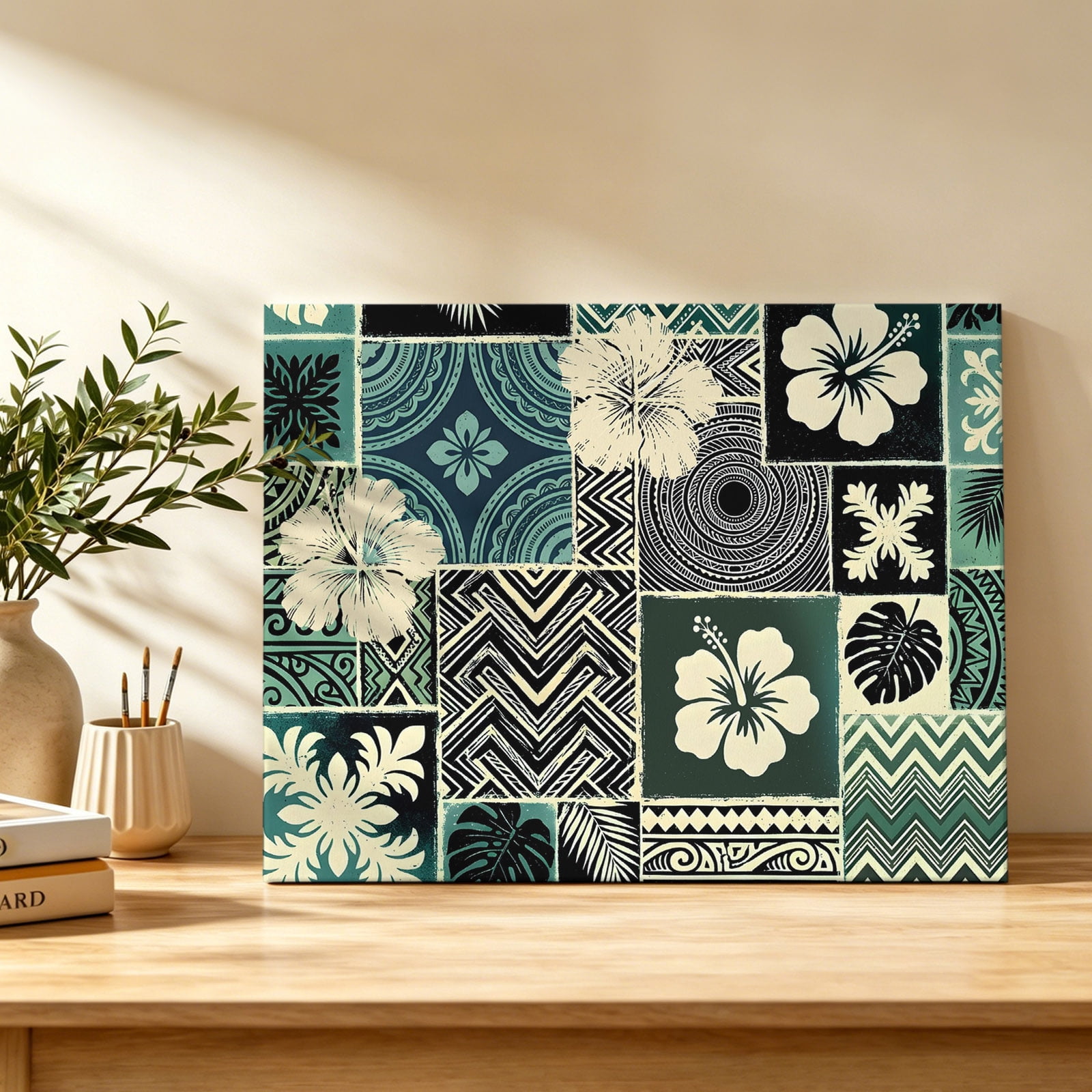 Hibiscus Canvas Wall Art Abstract Ethnic Tribal Patterns Blue Green Tropical Plant Wall Art Prints Artwork Framed Canvas Ready to Hang Art Pictures for Study Living Dining Room Bedroom 20 x 16