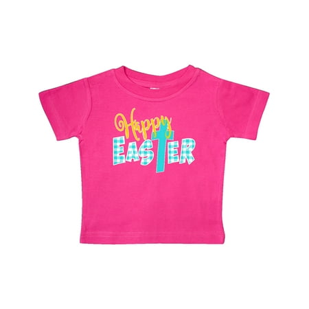 

Inktastic Happy Easter with Cross in Teal Plaid Gift Baby Boy or Baby Girl T-Shirt