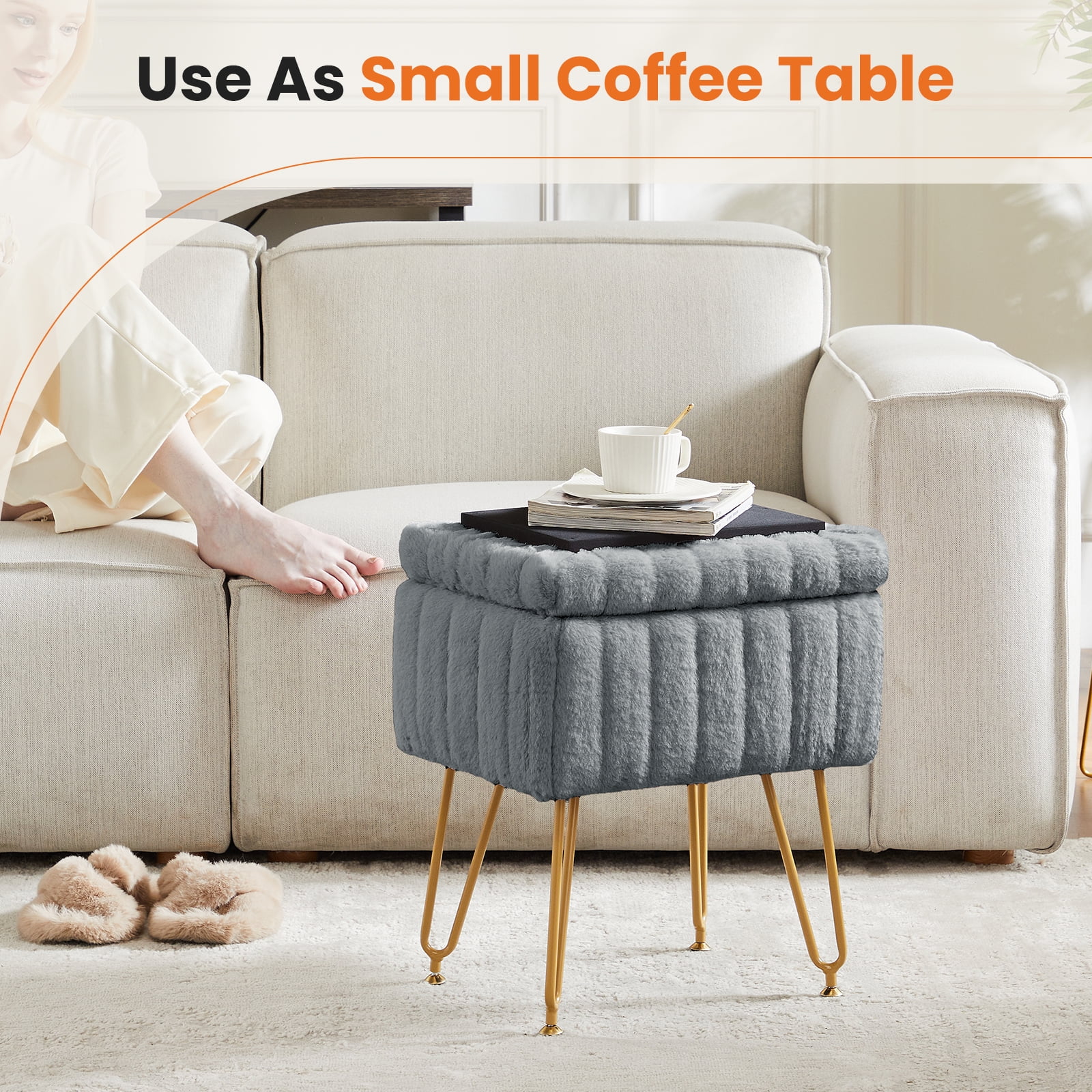 LIFERECORD Small Ottoman with Storage, Vanity Stool with Storage for Bedroom, Ottoman Coffee Table,Small Velvet Foot Stool for Living Room, Grey