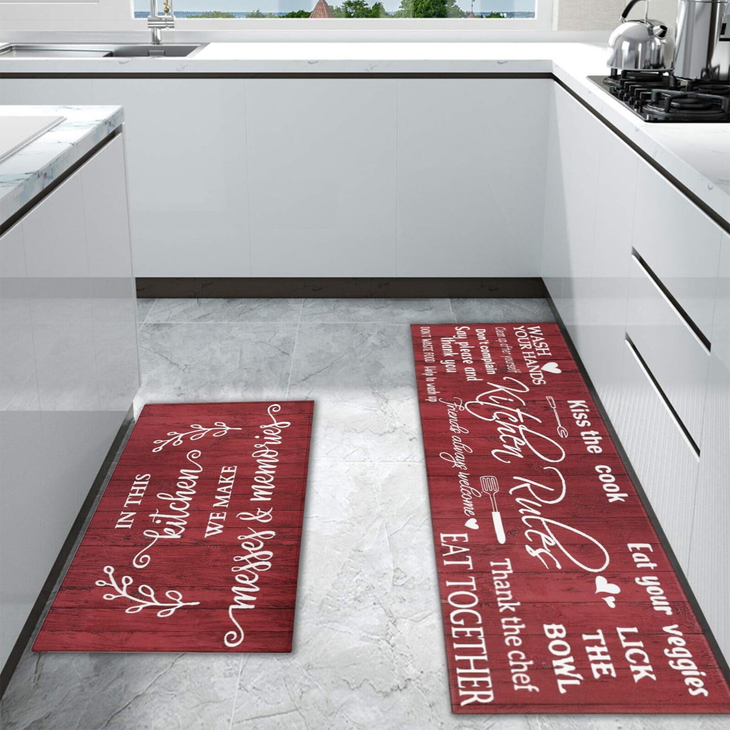 Red Farmhouse Kitchen Rug Sets of 2 Piece Non Slip Kitchen Rugs and Mats Washable Kitchen Mats for Kitchen Floor Mat Carpet Runner Rugs for Hallway Laundry Decor 17”x30“+17'''' X 47''''