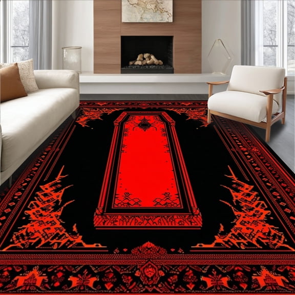 ODIKA 4'x6' Machine Washable Non-Slip Area Rug, Chic Gothic Trellis Ornamentation High Traffic Rug, Red, 26486