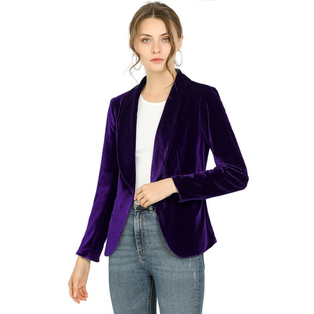 Abrigo De Oficina Para Mujer Chaqueta De Terciopelo Con Botones Y Cuello Chal Sólido Morado oscuro XL