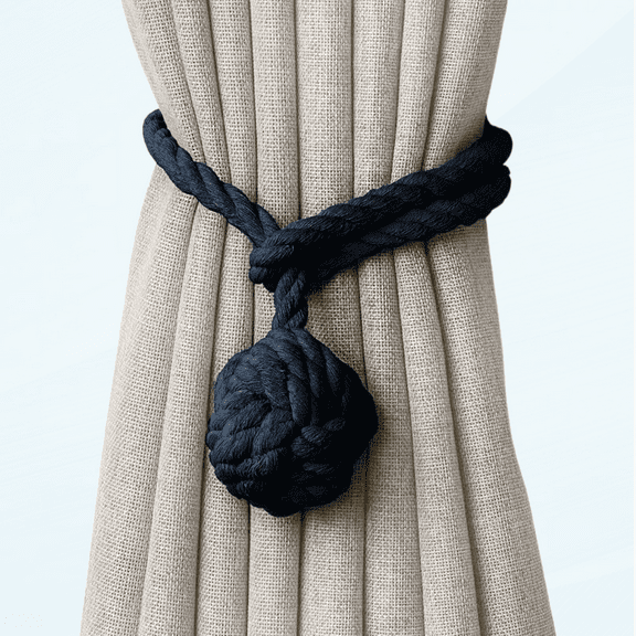 2 Pack Curtain Tiebacks, Hand Knitting Cotton Tie Backs for Window Drapes Knot Ball Rope Holdbacks,Heavy Duty Draperies Pull Backs Ties Holders Indoor Outdoor Drapery Decorative,1 Pair Navy Blue