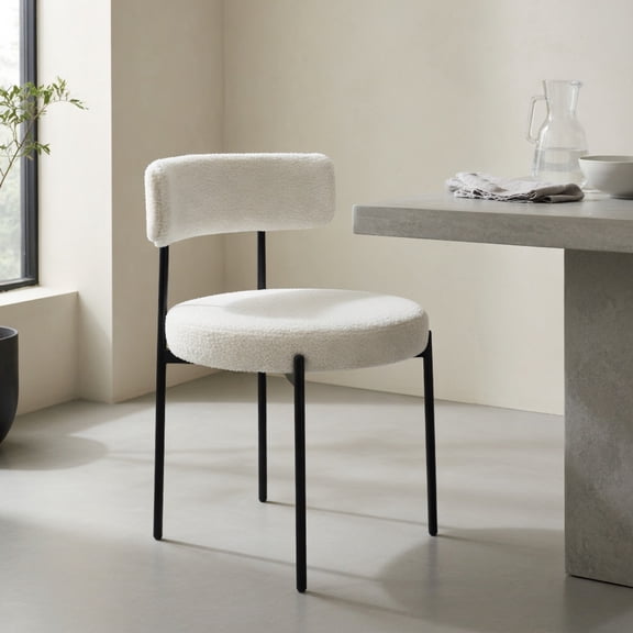 Barara King Boucle Fabric Dining Chair Set of 2 with Curved Backrest and Metal Legs for Modern Dining, Kitchen, Restaurant Seating, White