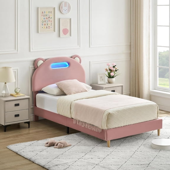 Twin Bed Frames, Platform Bed Frame with Upholstered and Led Headboard, Twin Bed Frames, Twin Bed Frame with Wooden Slats Support, Noise-Free, No Box Spring Needed, Light Pink