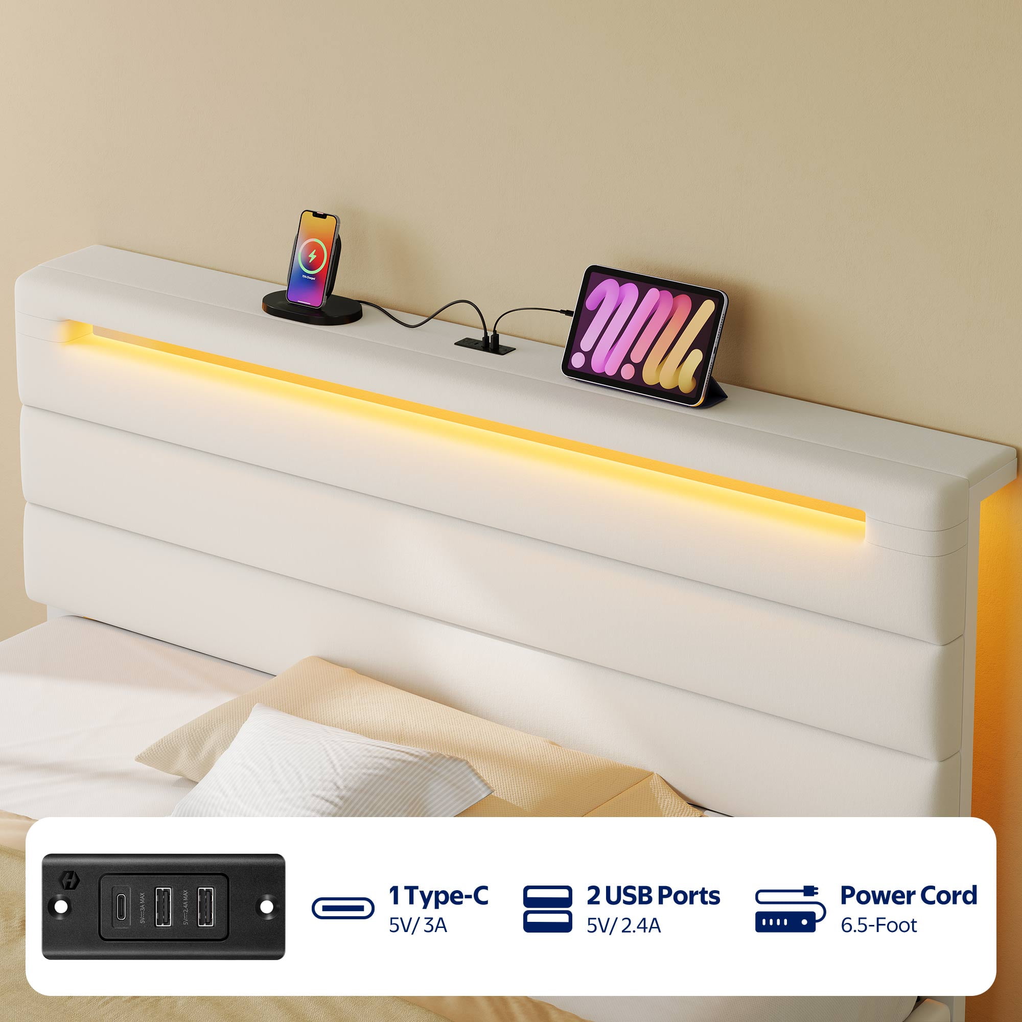 Greenstell Twin Size Bed Frame with Upholstered Storage Headboard and LED Light, Bed Platform with Charging Station, USB Ports, Under-bed Storage, White