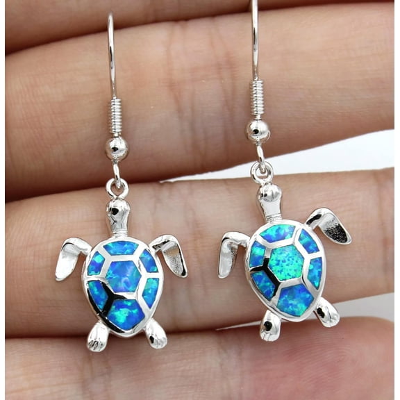 HOOUN Blue Fire Opal Inlay Turtles Dangle earrings Hook 925 Sterling Silver Earrings