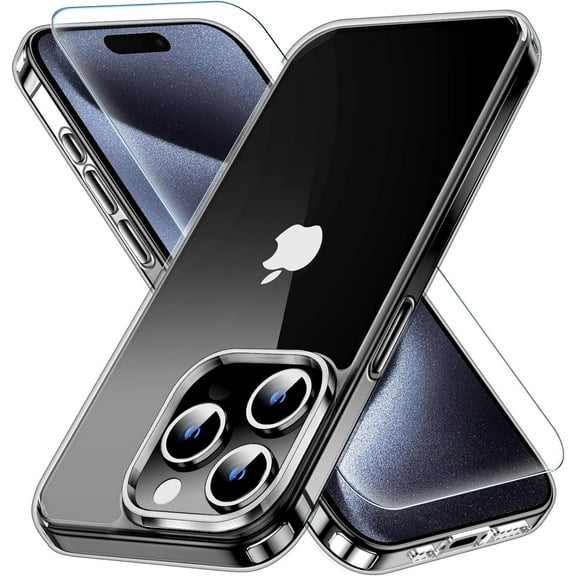 Heavy Duty Clear Phone Case Designed for Apple iPhone 15 Pro Max Transparent Case with 1 Tempered Glass Screen Protector, Shockproof Dropproof Slim Clear Case for Apple iPhone 15 Pro Max