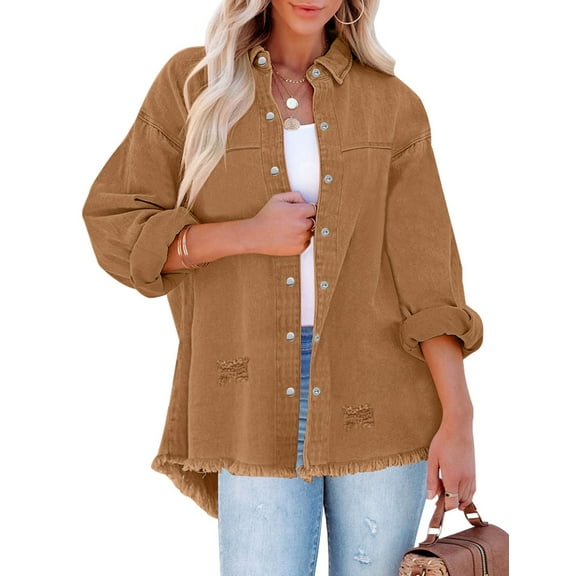 luvamia Denim Jacket for Women Long Sleeve Button Down Jean Jacket Distressed Frayed Denim Jacket Coat Size S-2XL Fit Size 4-22