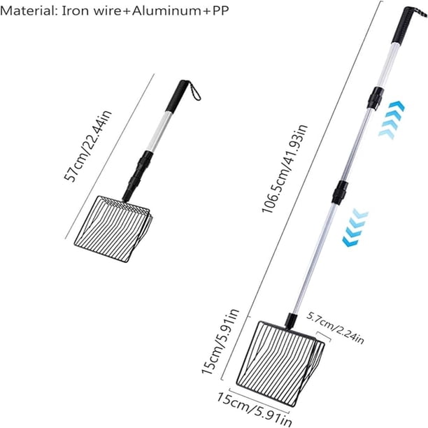 Pala metálica para arena de gatos, 2 palas extensibles de metal, con mango largo de 56 a 107 cm, sin necesidad de doblarse, para caja de arena, pala resistente para excrementos de mascotas y pollo.