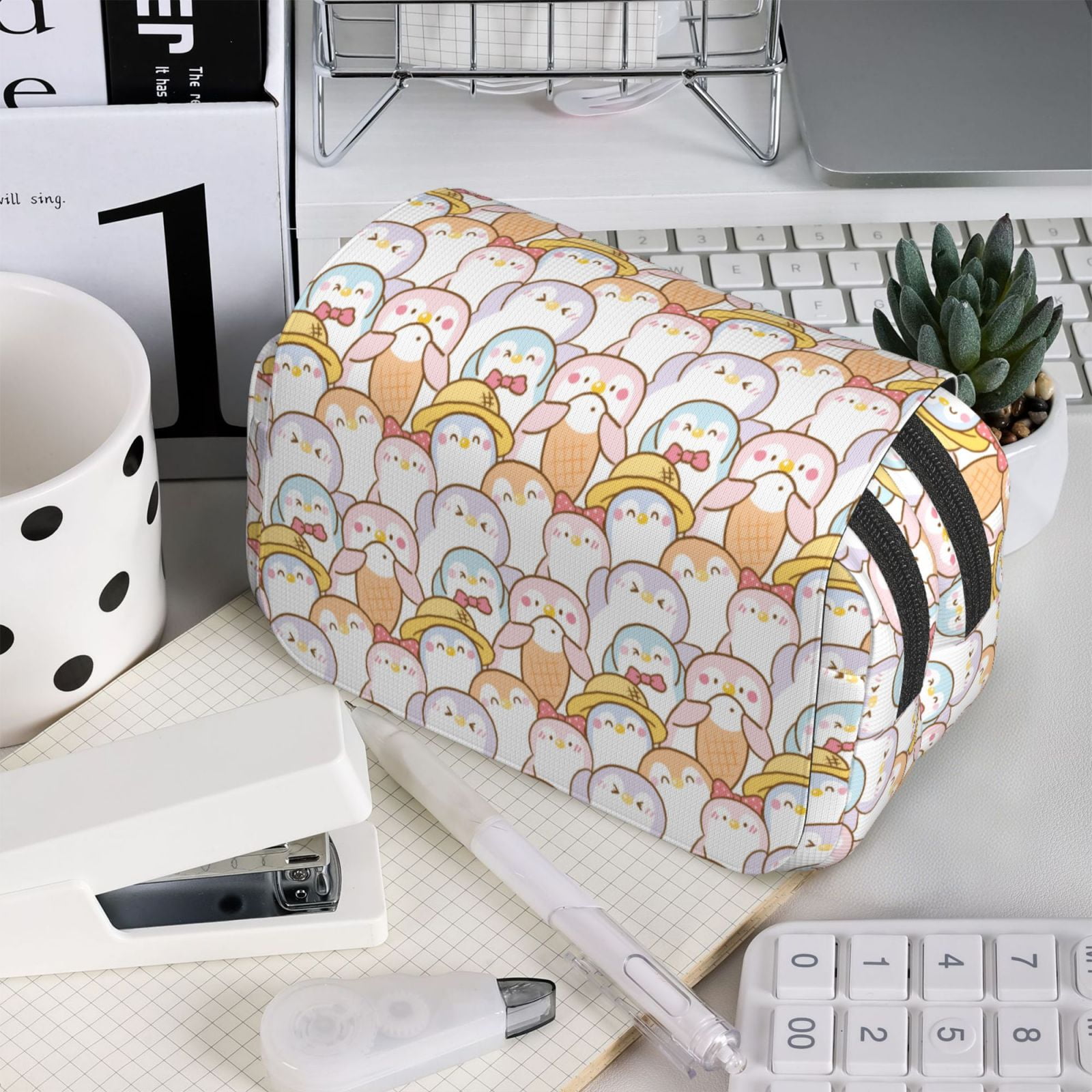Rateoe Cute Cartoon Penguin Pattern Double Clamshell Pen Case, Storage Organizer with Two Zipper Compartments– Holds Up to 50 Pencils & Pens