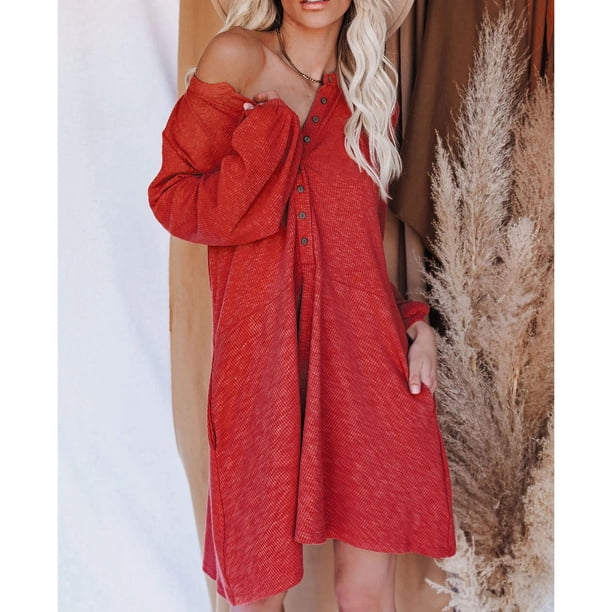 Vestido Con Cuello En V, Vestido De Manga Larga Con Botones De Color Puro De Bolsillo Para Viajar Para Ir De Compras