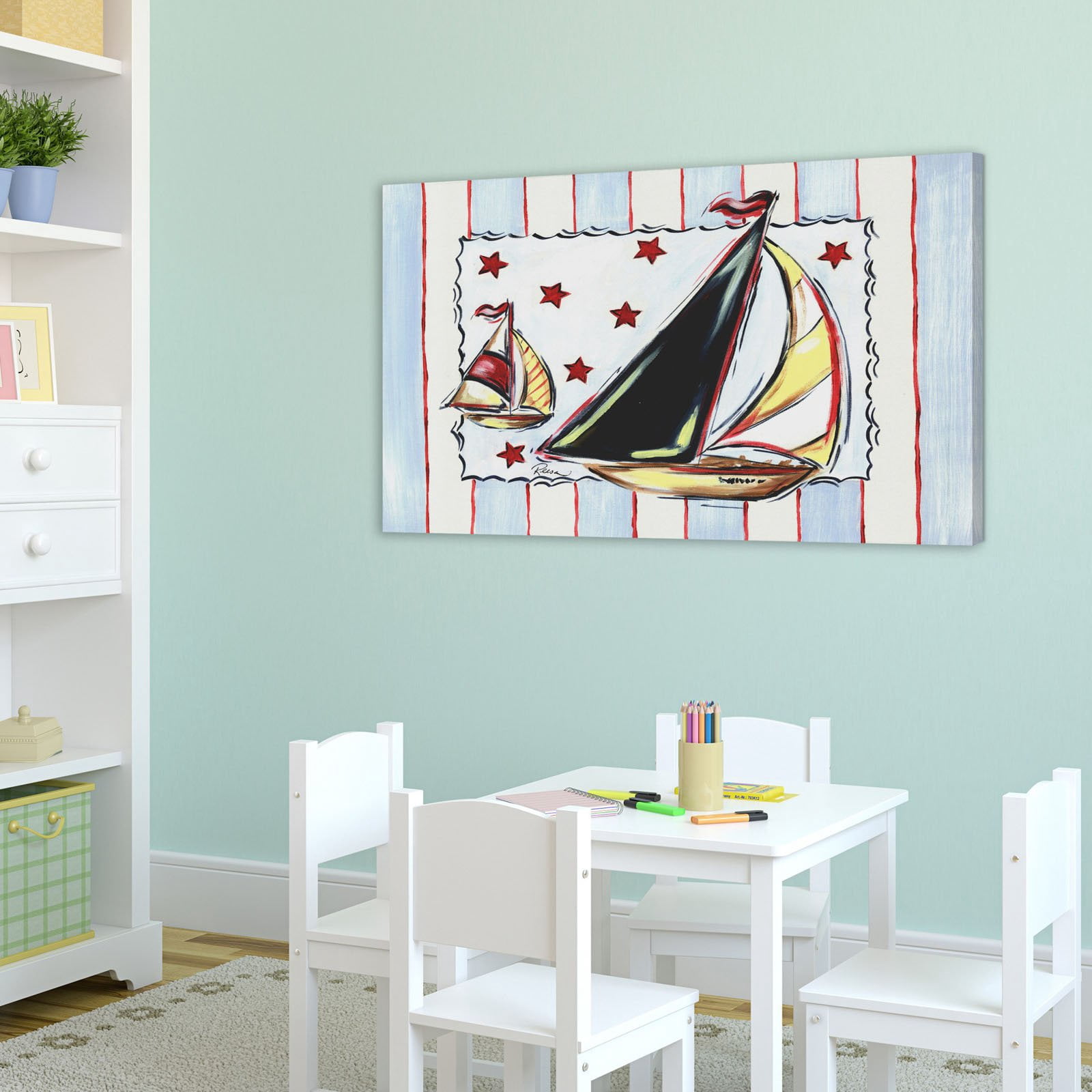 Marmont Hill "Sailboat-Blue" by Reesa Qualia Painting Print on Wrapped Canvas