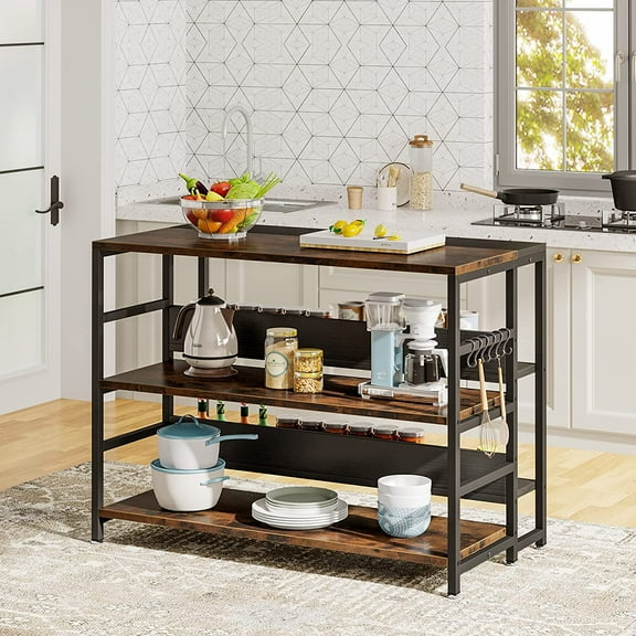 Tribesigns Kitchen Island with 5 Storage Shelves, Industrial Kitchen Baker's Rack Coffee Bar Station with Large Worktop and 6 Hooks, Rustic Brown & Black